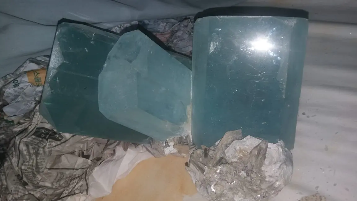 Raw untreated aquamarine crystal specimens from Chumar Bakhoor, Nagar